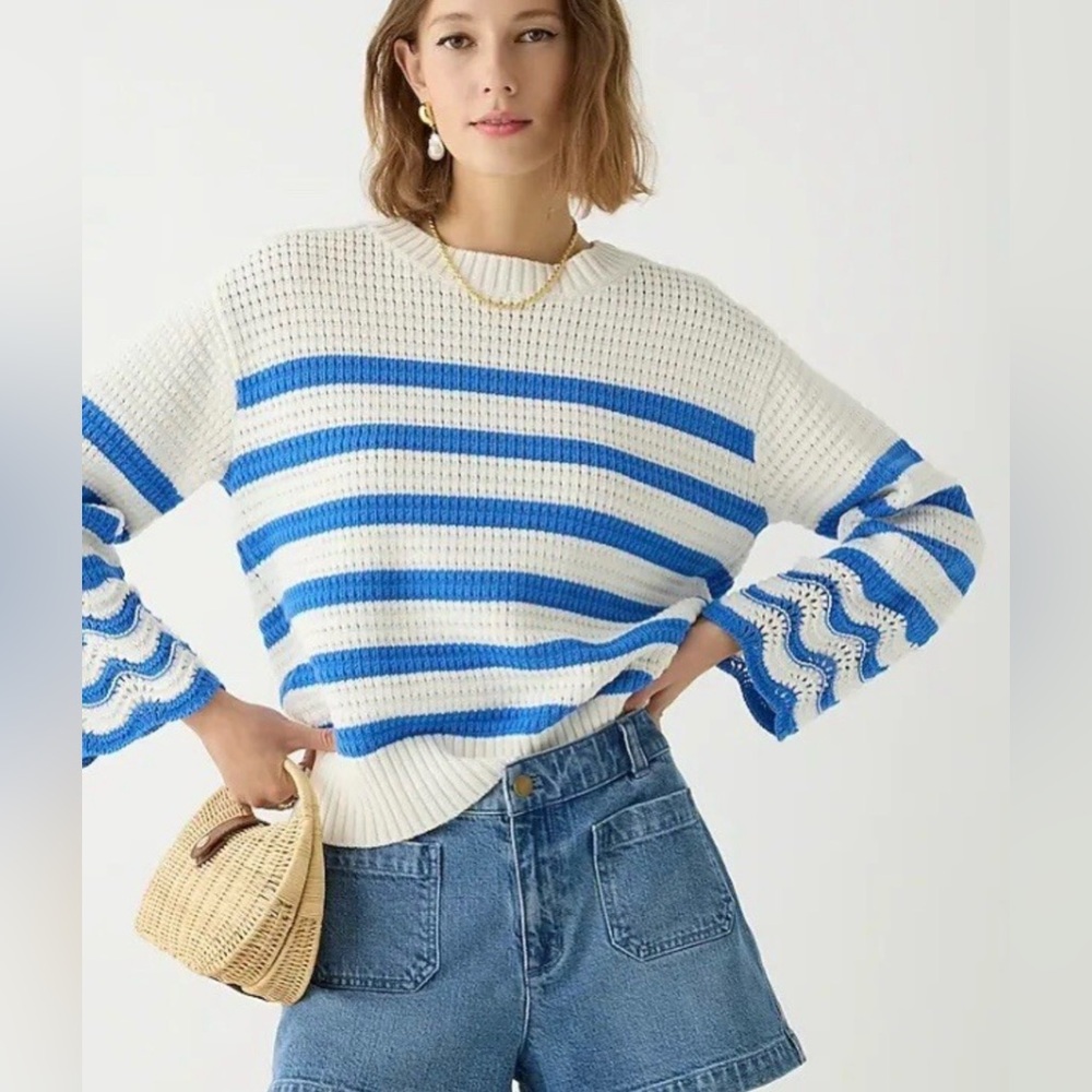 J. Crew White and Blue Striped Crewneck Sweater